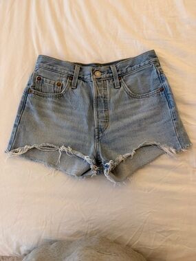 Levi's Light Blue High-Waist Frayed 501 Denim Shorts